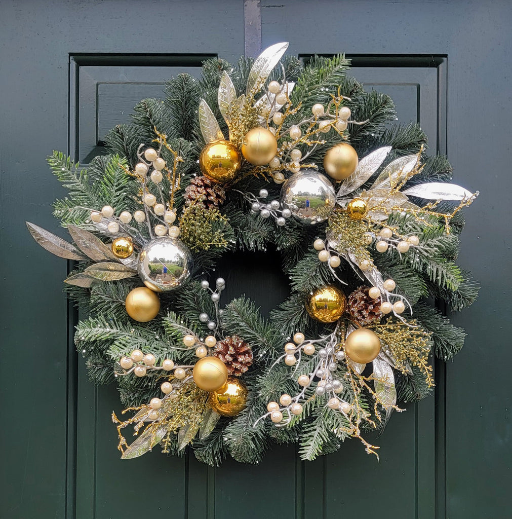 Australian Pine Christmas Wreath with Ornaments 24" Gold Silver