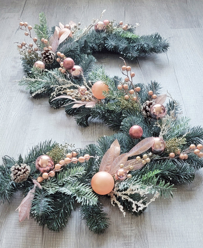 Christmas Australian Pine Garland Glittered with Ornaments and Berry 6' Rose Gold
