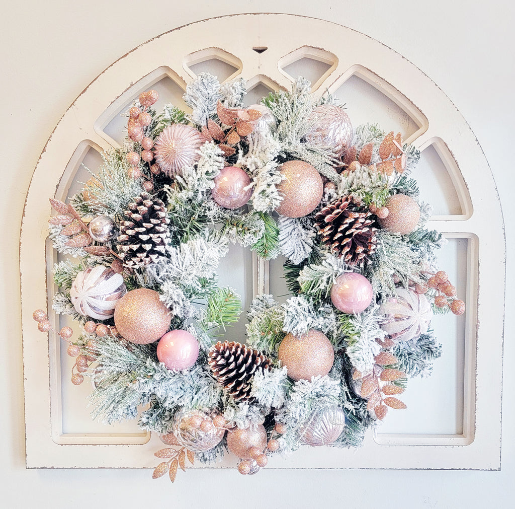 Flocked Christmas Pine Wreath with Ornaments 24" Pink Champagne