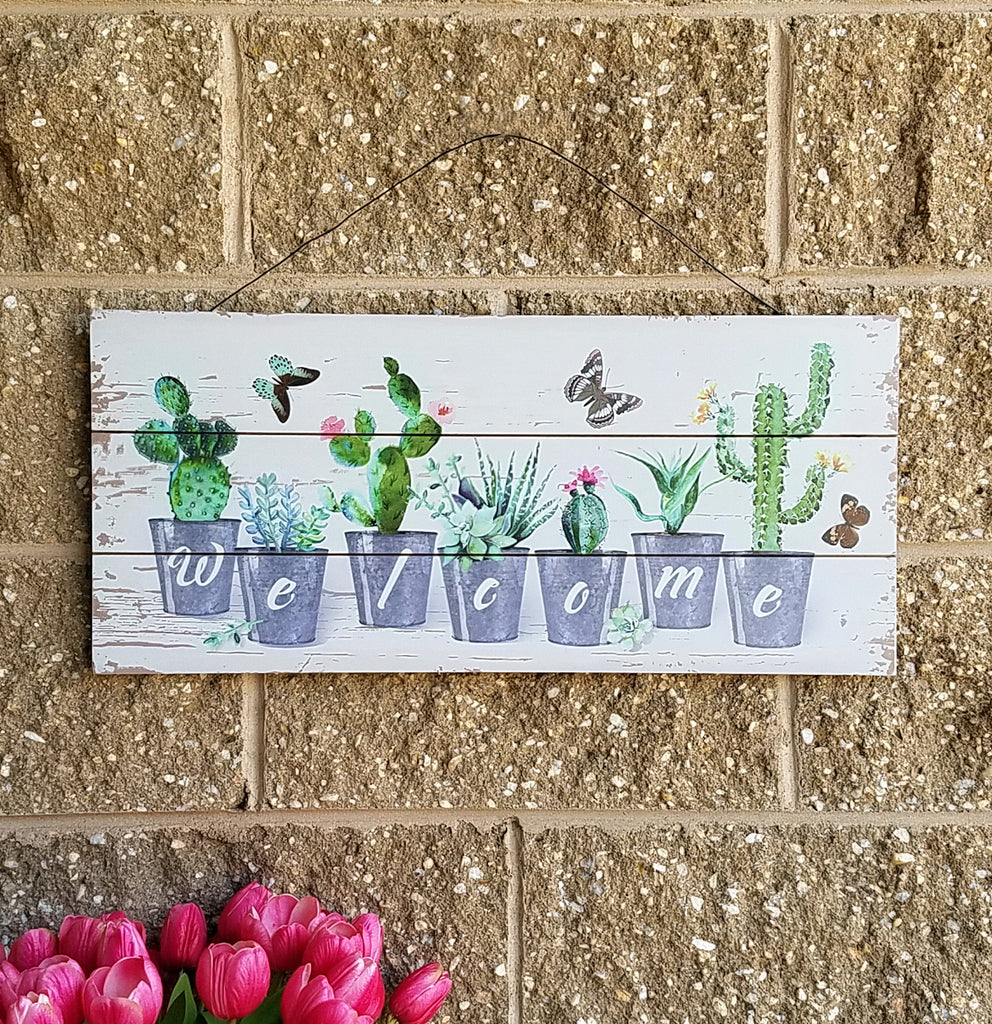 Wall Hanging Spring Summer Sign Cactus Welcome