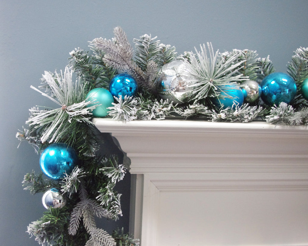 Flocked Ornament Christmas Garland 6' Teal Blue Silver
