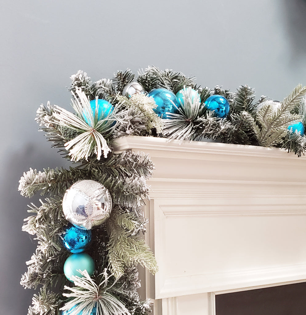 Flocked Ornament Christmas Garland 6' Teal Blue Silver