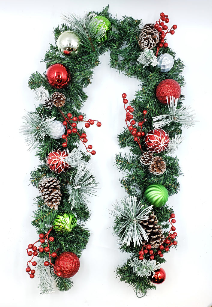 Flocked Decorated Berry Pinecone Christmas Garland 6' Red Green White
