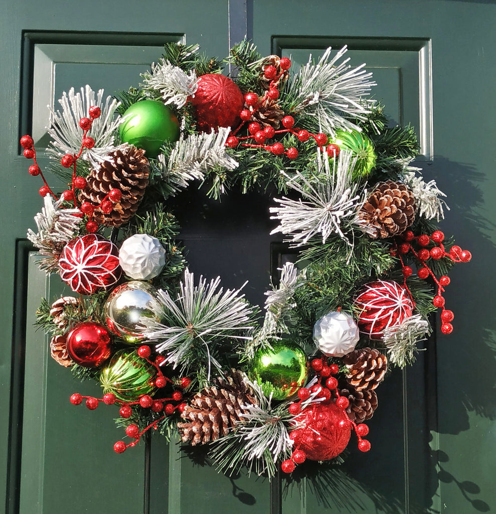 Flocked Christmas Wreath with Ball Ornaments and Pinecones 24" Red Green Silver White