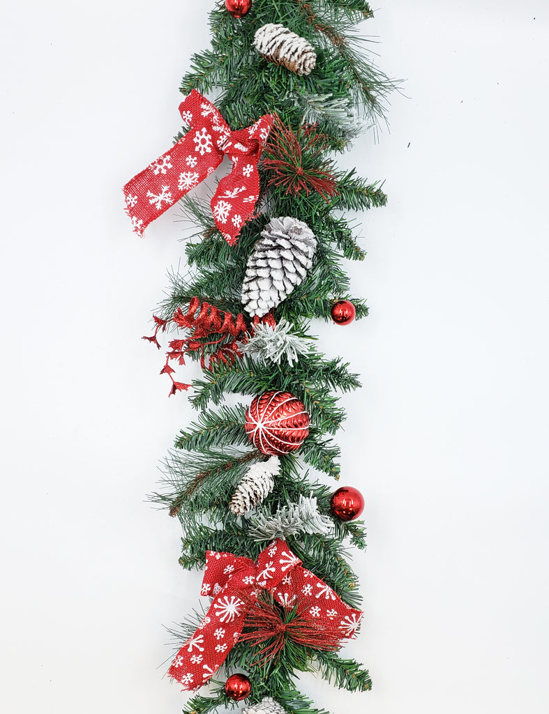 Decorated Ornament Garland Pinecone Bow Christmas 6' Green Red White