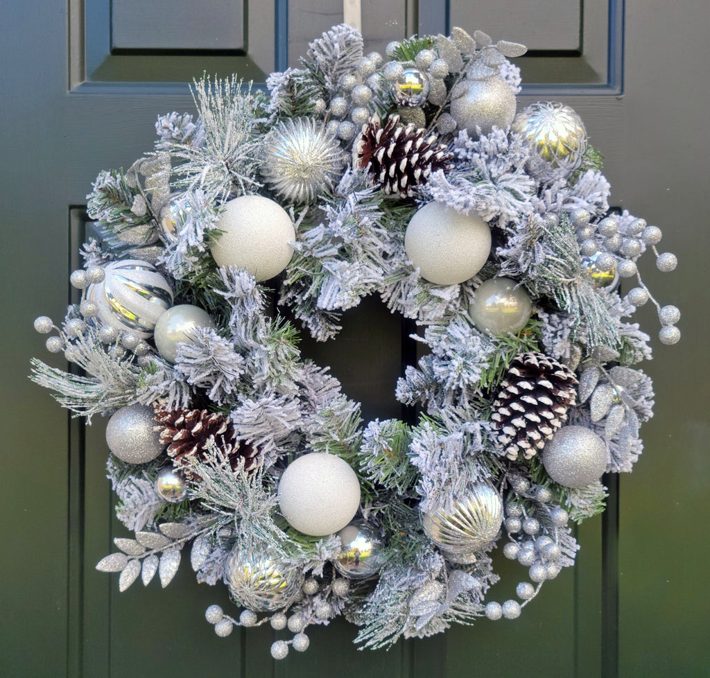 Flocked Christmas Pine Wreath with Ornaments 24" White and Silver