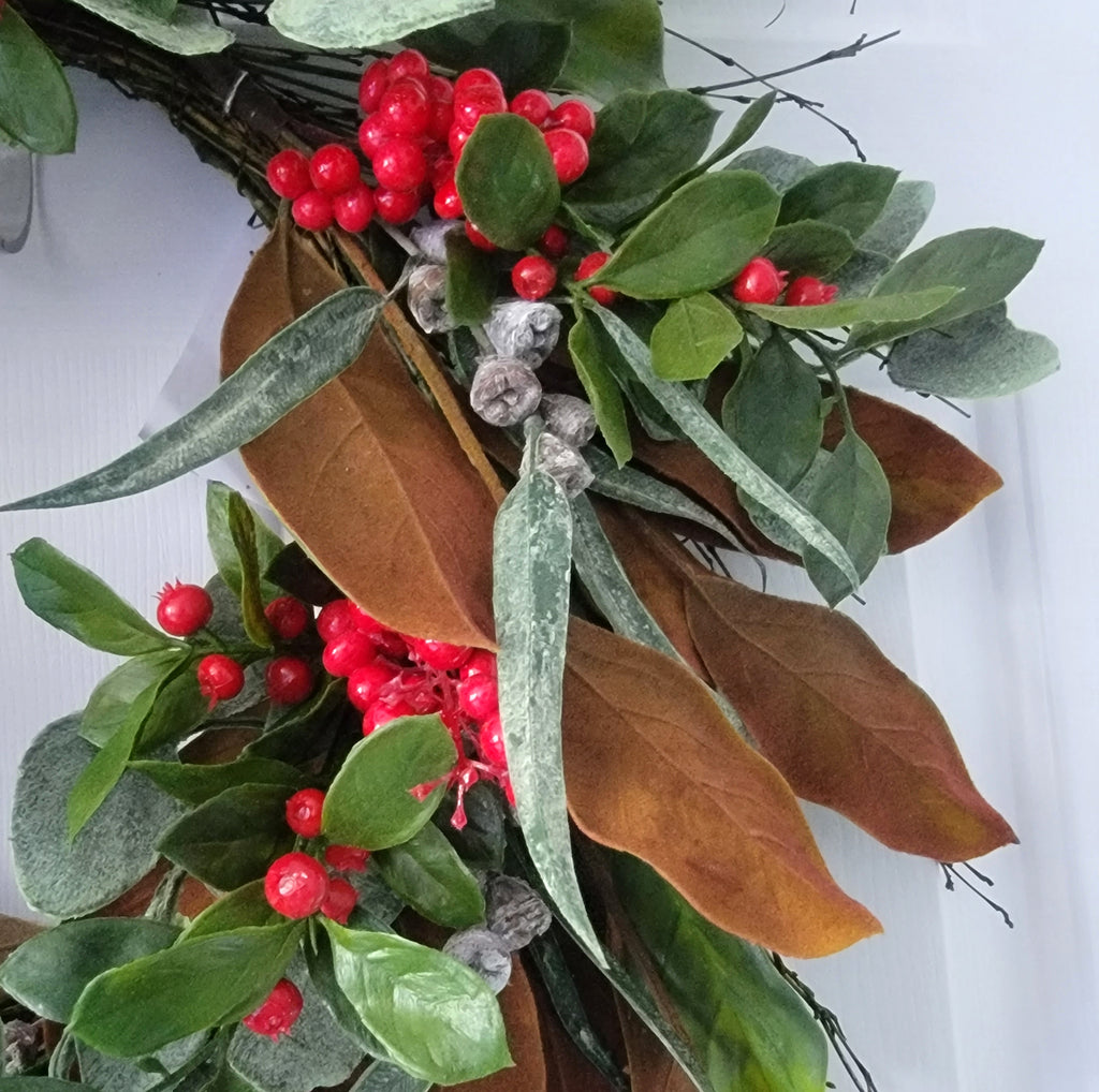 Artificial Mixed Magnolia Eucalyptus Berry Christmas Wreath 22"