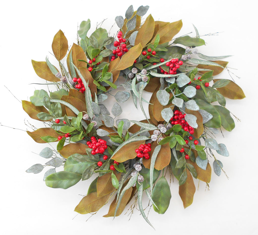 Artificial Mixed Magnolia Eucalyptus Berry Christmas Wreath 22"