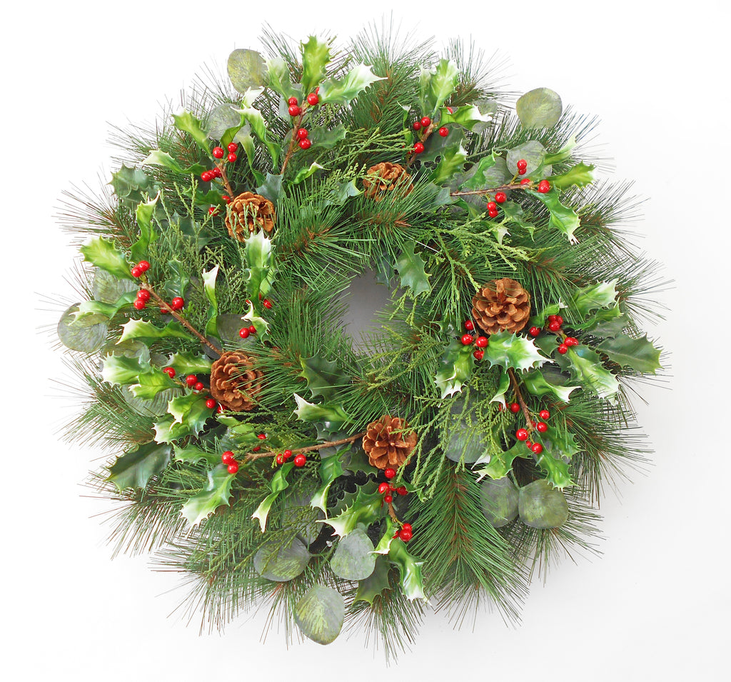 Christmas Holly Berry Pine Pinecone Wreath 24"