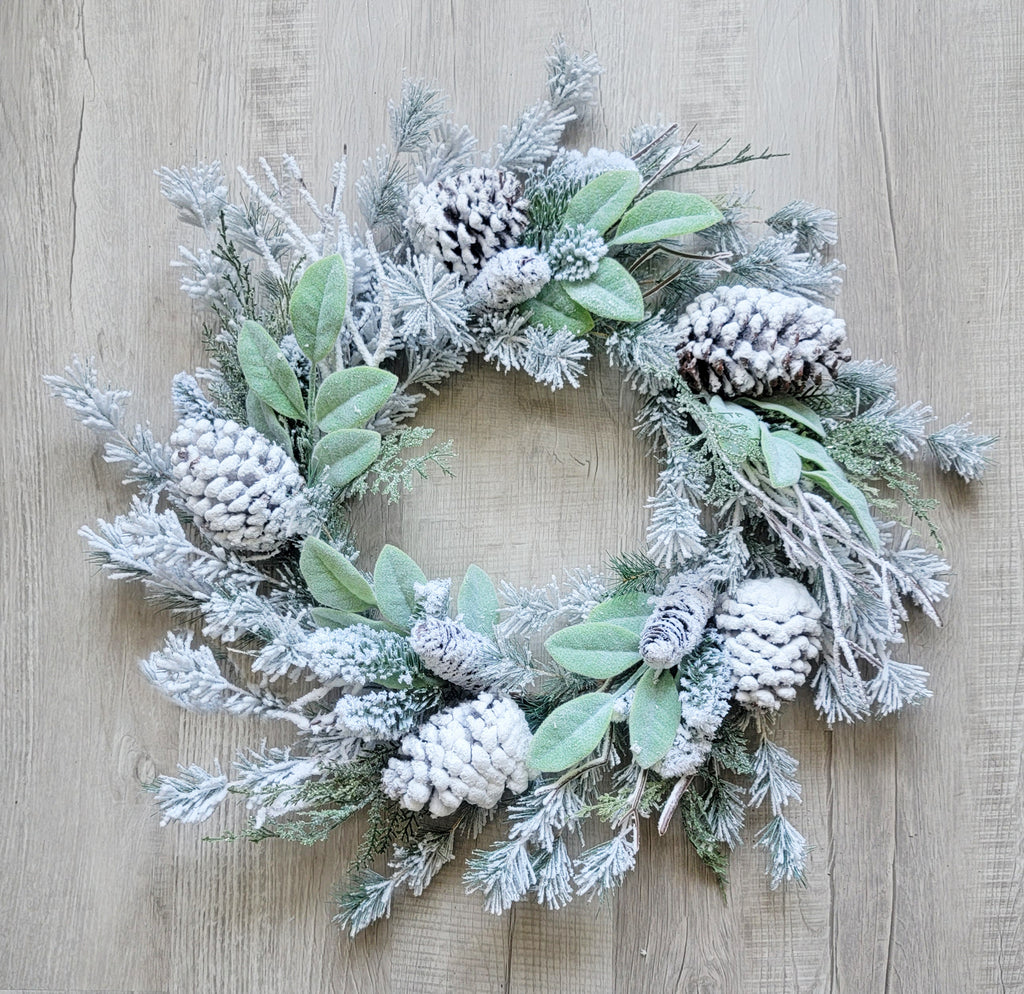 Christmas Flocked Lambs Ear Pincone Wreath