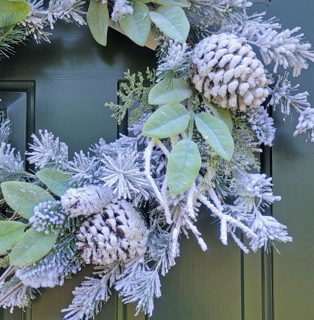 Christmas Flocked Lambs Ear Pincone Wreath