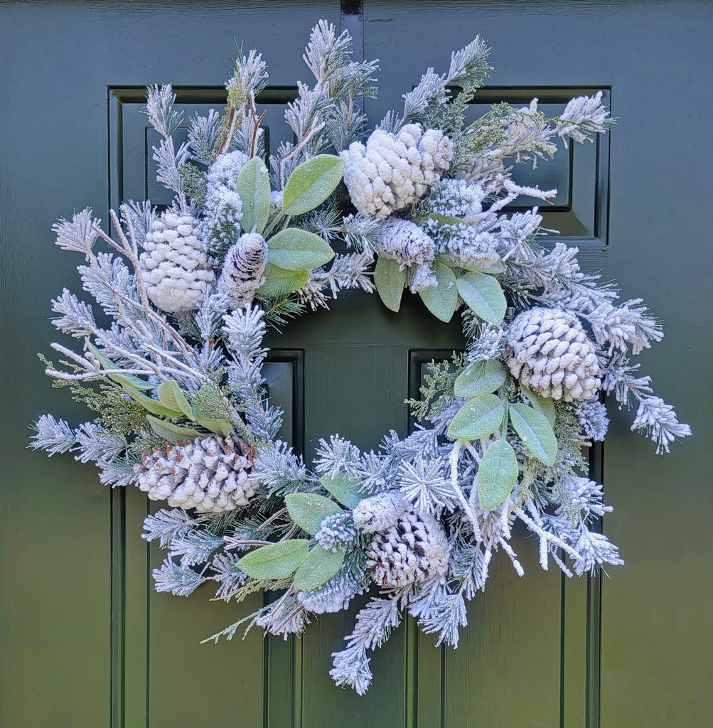 Christmas Flocked Lambs Ear Pincone Wreath