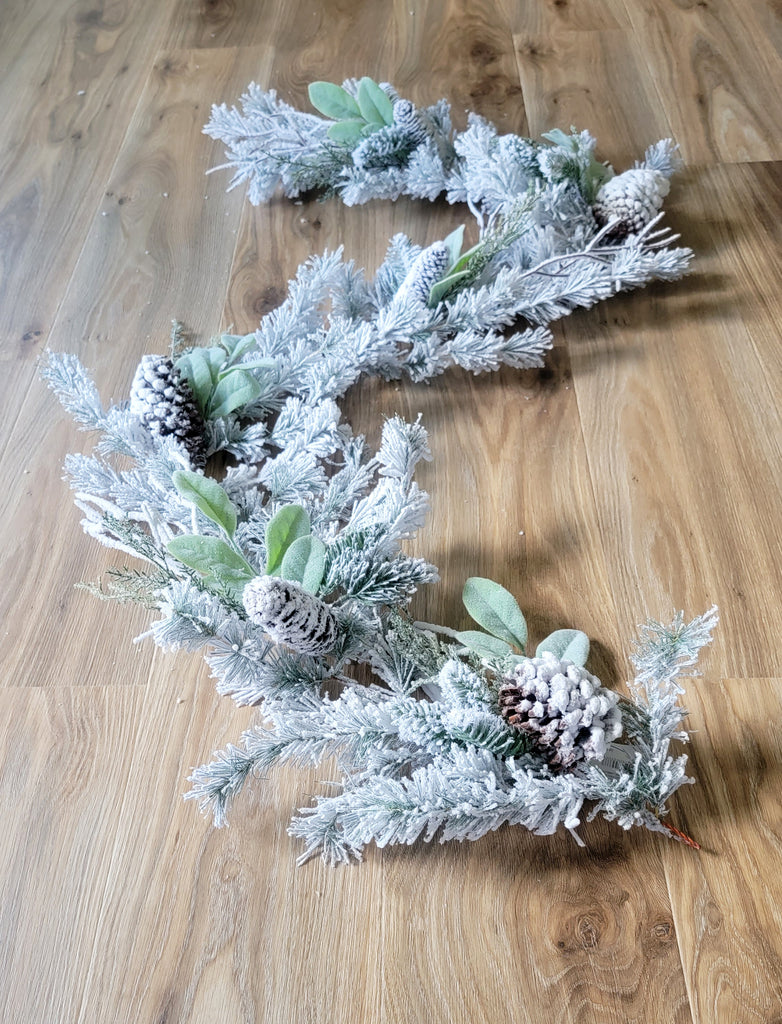 Flocked Lambs Ear Christmas Garland with Pincone 72"
