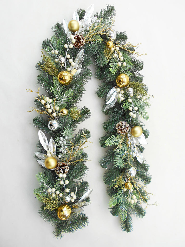 Christmas Australian Pine Garland Glittered with Ornaments and Berries 6' Gold Silver