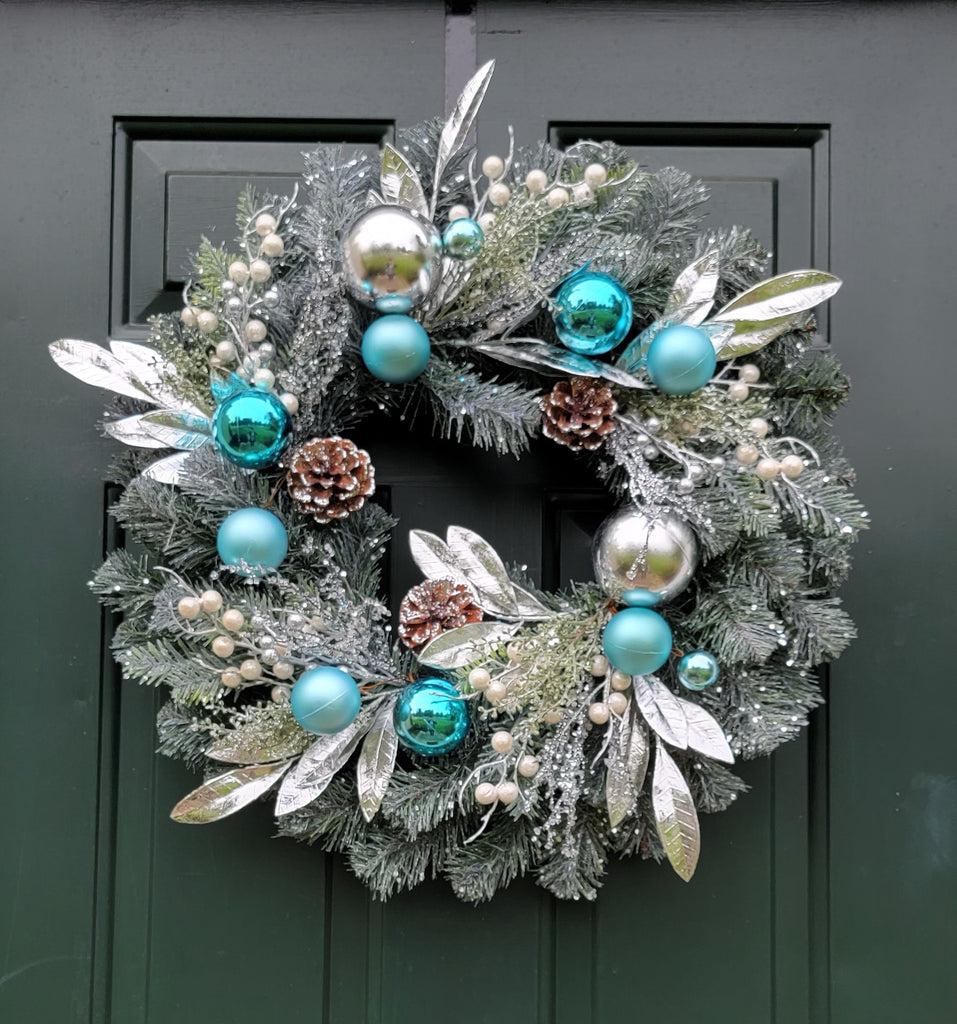 Australian Pine Christmas Wreath with Ornaments 24" Blue Silver