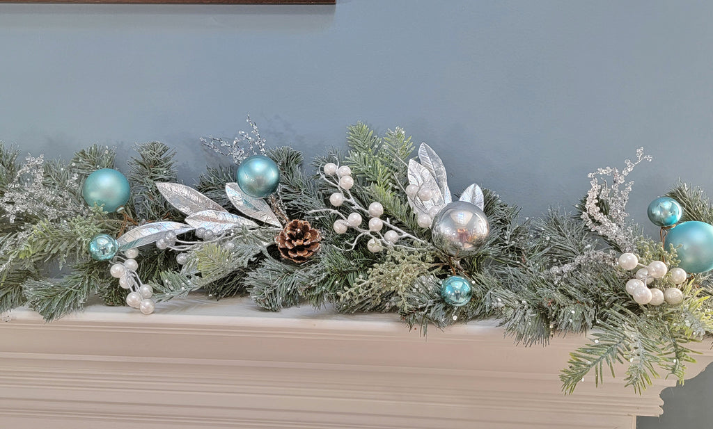 Christmas Australian Pine Garland Glittered with Ornaments and Berries 6' Blue Silver