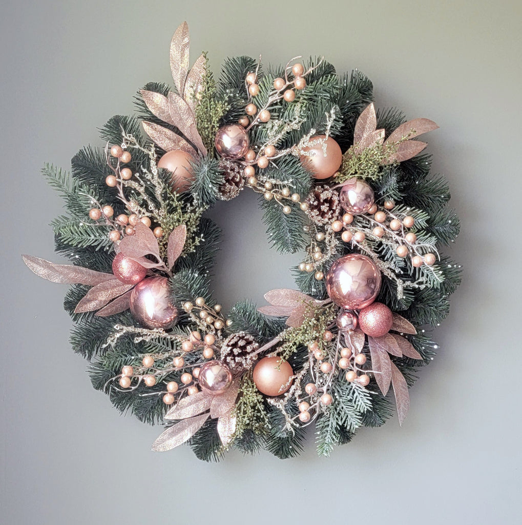 Australian Pine Christmas Wreath with Ornaments 24" Rose Gold