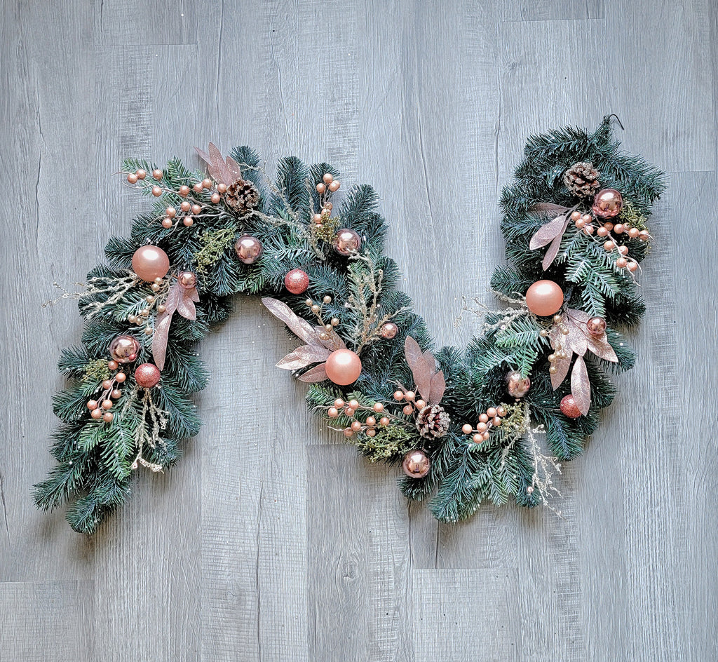 Christmas Australian Pine Garland Glittered with Ornaments and Berry 6' Rose Gold