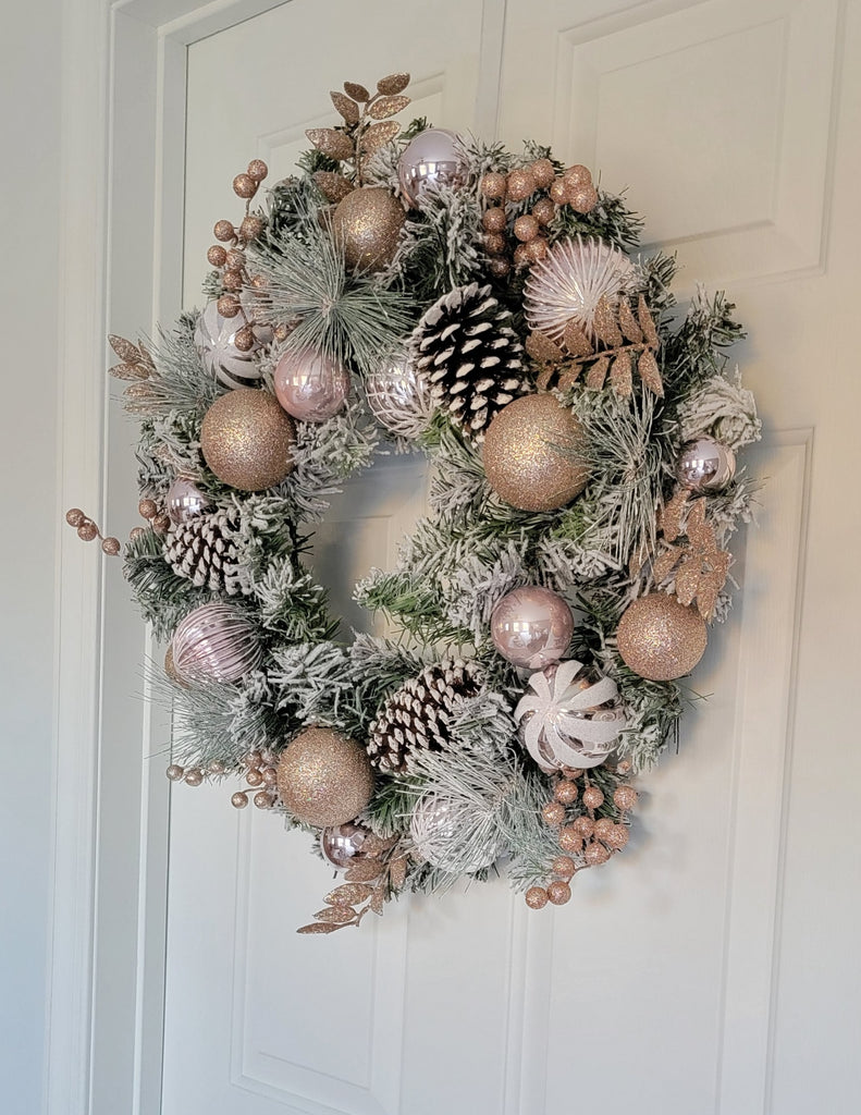 Flocked Christmas Pine Wreath with Ornaments 24" Pink Champagne